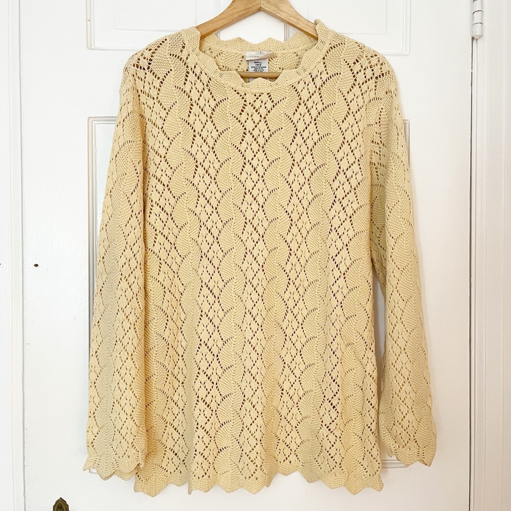 Vintage Yarnworks Open Knit Sweater Butter Yellow Womens Small 100% Cotton